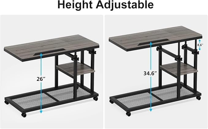 Tribesigns Height Adjustable C Table with Wheels, Mobile Couch Snack Side Table with Tiltable Drawing Board, Sofa Bedside Laptop Stand C Shaped TV Tray with Storage Shelves (Grey) - Image 8