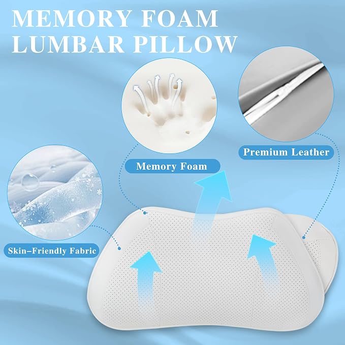 Car Lumbar Support Pillow for Driving Seat, White, 1 Pack | Leather Memory Foam Lumbar Cushion for Lower Back Pain Relief, Universal Back Support for Driving, Home & Office Chairs - Image 2