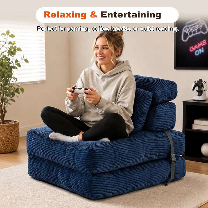 King Oasis Folding Sofa Bed, Corduroy Chair Bed with Pillows | 3-in-1 Fold Out Floor Sofa Couch with Headrest and Lumbar Pillows，for Living Room, Bedroom, Apartment, Dorm, Navy Blue - Image 8