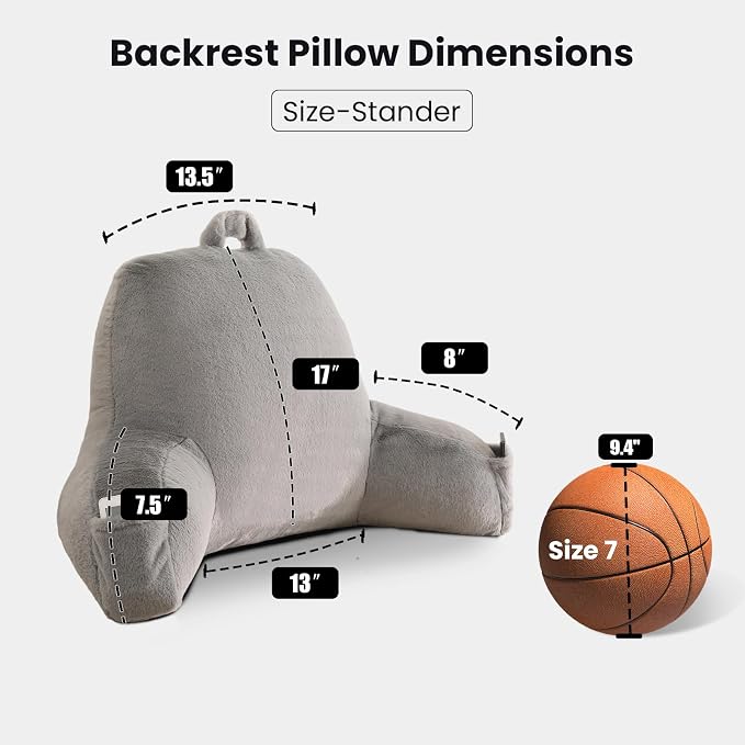 Soft Reading Pillow for Bed with Arms,Middle,Gray,Faux Fur | 17" Backrest with Arms for Gaming & Lounging,Oeko-TEX Certified Plush Back Pillow for Teens Room - Image 3