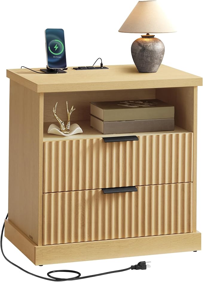 VASAGLE Nightstand with Charging Station, 2 Drawers, Open Shelf by Unknown