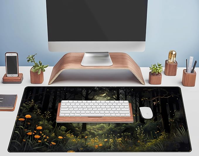 Dark Forest Desk Mat Mouse pad, Green Nature Deskmat XXL Large Extended Aesthetic Plant Mousepad Gaming Desk Pad, Big Laptop Computer Keyboard and Mouse Mat for Women Office Desk Decor 31.5x15.7 in - Image 5