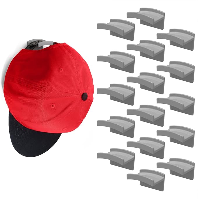 Modern JP Adhesive Hat Hooks for Wall (16-Pack) - Minimalist Hat Rack Design, No Drilling, Strong Hold Hat Hangers - USA Patented, Gray by ModernJP