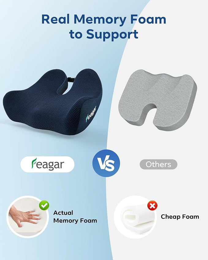 Feagar Seat Cushion - Memory Foam Ergonomic Seat Cushion -for Long Sitting | Seat Cushion for Tailbone Pain Relief - for Desk Chair, Car& Wheelchair Car Seat Pad for Hip and Lower Back Comfort Blue - Image 4