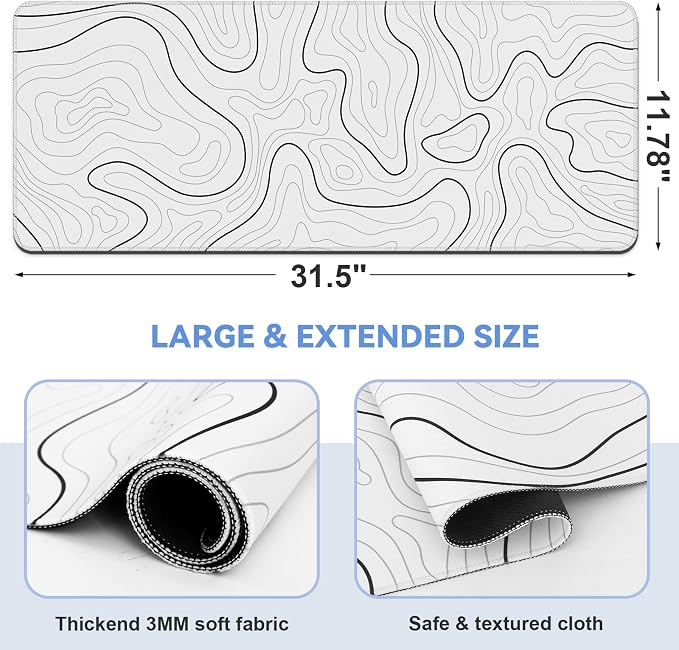 DIGSOM Mouse Pad Gaming, White with Black Topographic Line, 31.5x11.8in | XL Mouse mat, Smooth surface, Anti-slip rubber base, For keyboard and mouse, For home and office use - Image 2