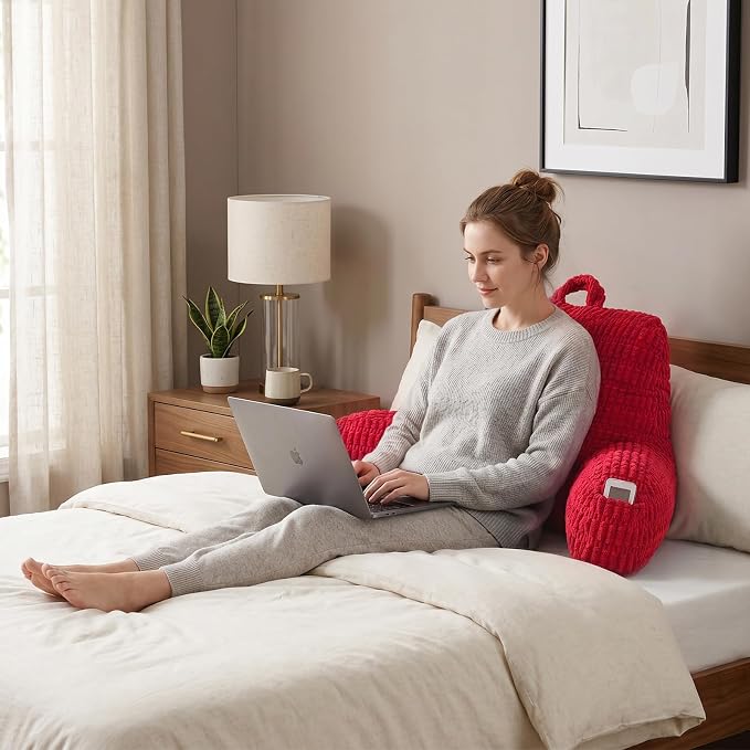 Reading Pillow for Sitting in Bed with Arm,Red Corduroy,M | Sitting Pillow for Teens Back Support,17" Backrest Pillow Supports Reading,Gaming & Relaxing in Bed,Couch,or Floor - Image 2