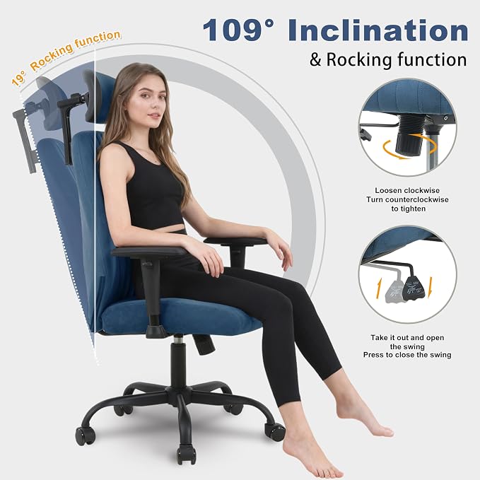 Symino Office Chair Ergonomic with 109° Rocking Function, Breathable Suede Fabric, Integrated Lumbar Support, Adjustable Headrest & Armrests, Swivel Desk Chair - Image 4