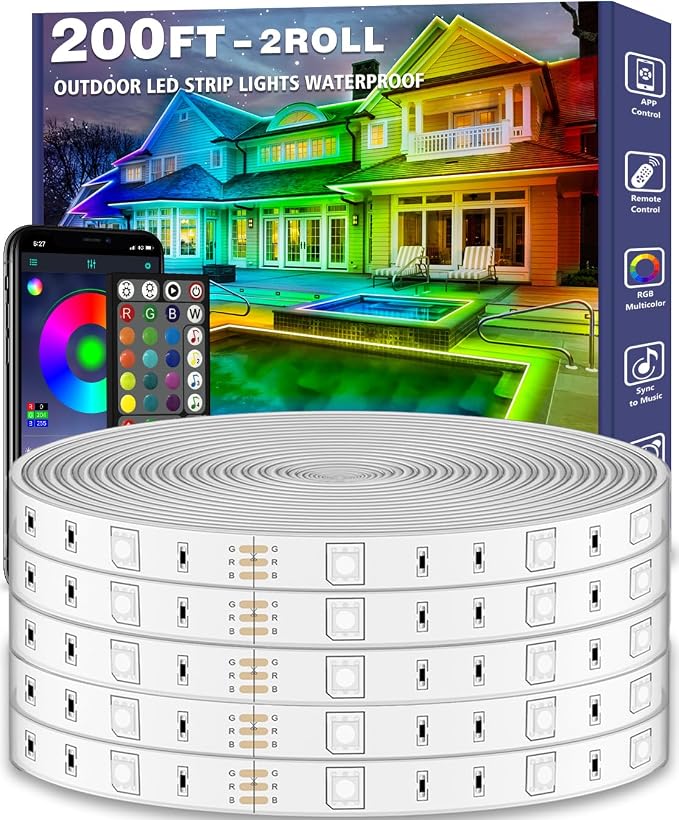 AILBTON 200ft Outdoor LED Strip Lights Waterproof,IP68 Outside Led Light Strips Waterproof with Bluetooth App Remote Control,Music Sync RGB Exterior Led Rope Lights,for Balcony,Deck,Roof,Garden,Pool by AILBTON