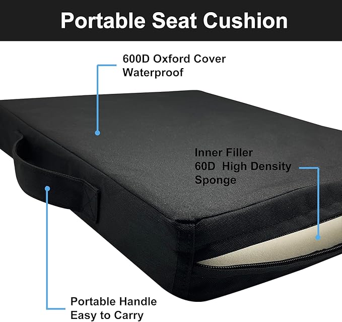 Stadium Seat Cushions 2-Pack 3-Pack, Portable Bleacher Cushions, Waterproof Oxford Fabric, Zipper Design, (Black, 2-Pack) - Image 3
