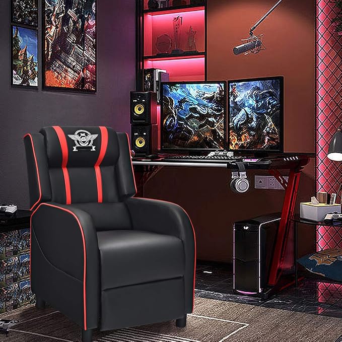 Giantex Gaming Recliner Chair, Adjustable Massage Gaming Chairs for Adults, Ergonomic Comfortable Lounge Leather Sofa w/Footrest, Remote Control & Side Pocket, Racing Style Single Sofa Recliners, Red - Image 2