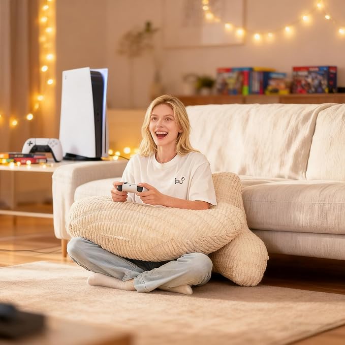 17" Reading Pillow for Bed,U Shaped Arm & Elbow Support,White Corduroy | Backrest Supports Back,U Shaped Lap Pillow Cushions Arms,Elbows & Wrists,Ribbed Corduroy for Reading,Gaming,Watching TV - Image 2