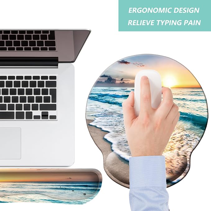 Keyboard Wrist Rest Pad Mouse Pad with Wrist Support Set of 3, Mousepad with Non-Slip Rubber Base, Ergonomic Memory Foam Mouse Wrist Cushion Support for Home Office Laptop Computer Gaming, Beach - Image 7