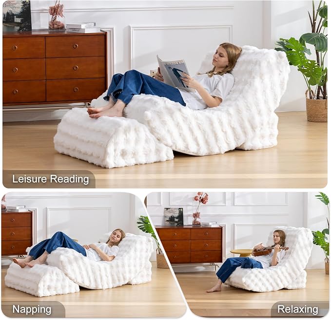 3-in-1 Adjustable Zero Gravity Floor Chair, Oversized Faux Fur Boneless Chair for Adults with Memory Foam & Washable Cover, Silent Rocker Recliner Lounge Chair for Reading, Nursing, Gaming, WhiteGrid | Zero Gravity Comfort as a Rocker, Chaise Lounger o... - Image 7