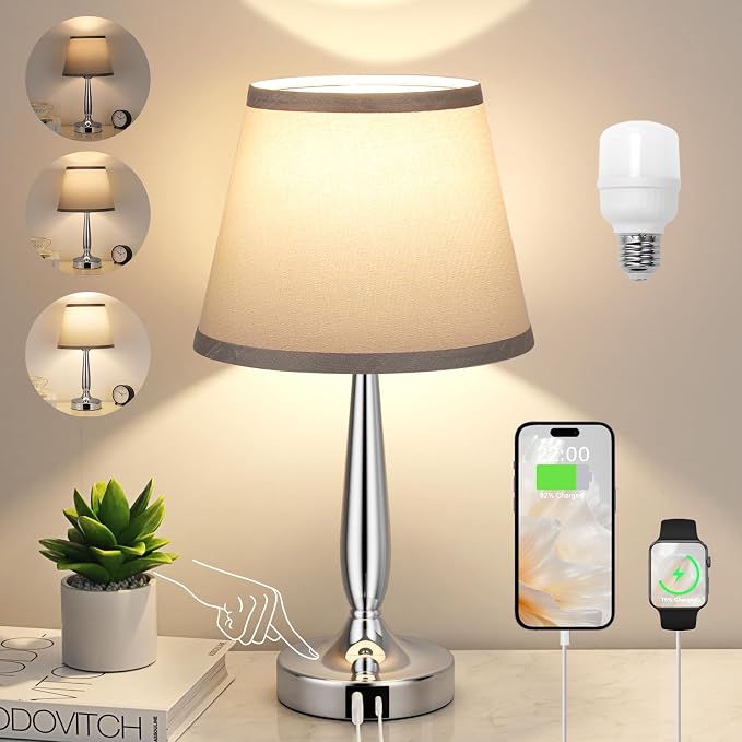 Kakanuo Touch Table Lamp for Bedroom, Small Bedside Lamp with USB C Charging Port, 3 Way Dimmable Touch Control Nightstand Lamp for Living Room and Office, Gray Shade and Silver Base by KakanuoLightings