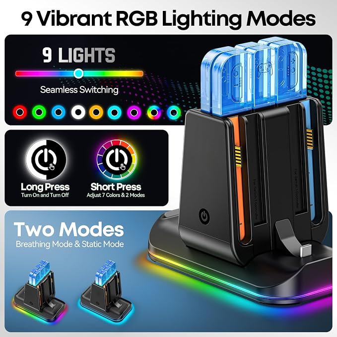 Switch 2/1 Compatible Controller Charging Dock, 6-in-1 Charger Station for 4 Joy-Cons & 2 Pro Controllers, 9 RGB Modes Fast Charging Stand for Switch 2 Accessories, with LED Indicator - Image 5