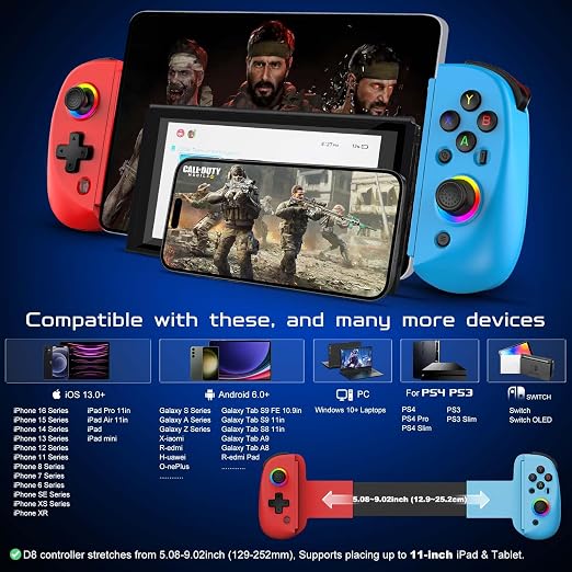 Joso Mobile Gaming Controller for iPhone/iPad/Tablet, Android Wireless Controller with Hall Effects Joysticks, Support PC/Switch, Play Cloud Games/PS Remote Play/COD/Genshin Impact & More - Blue+Red - Image 3