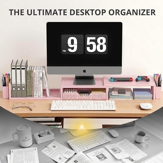 OPNICE Desk Organizers and Accessories, Dual Monitor Stand Riser with Drawer and 2 Pen Holders, Desk Shelf Computer Racks for Office Workspace Organizers, Desktop Organization (Peach-Pink) - Image 4