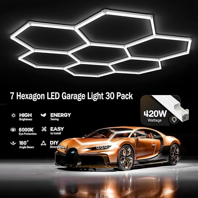 7-Hexagon LED Garage Lights, 488W 48,800LM Super Bright Honeycomb Shop Light, 31-Lights DIY Ceiling Grid Lighting Fixture for Car Detailing, Workshop, Gym, Warehouse, Basemen - Image 3