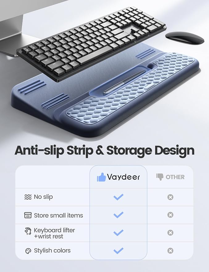 Vaydeer Wrist Rest with Keyboard Stand, Computer Wrist Support Pad, Ergonomic Keyboard Riser Holder Lift Tray with Wrist Pad, Soft Memory Foam Desk Cushion, Palm Hand Typing for Office Home Gift-Blue - Image 3