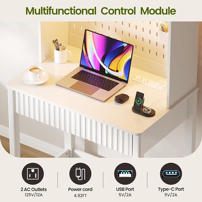 Lvifur LED Writing Desk with Hutch and Pegboard and Power Outlet (White) | Compact Study Desk with Display Shelf, 3 Color Lights, Adjustable Brightness, USB/Type-C&2 AC Outlets, Drawer wtih Metal Rail - Image 3