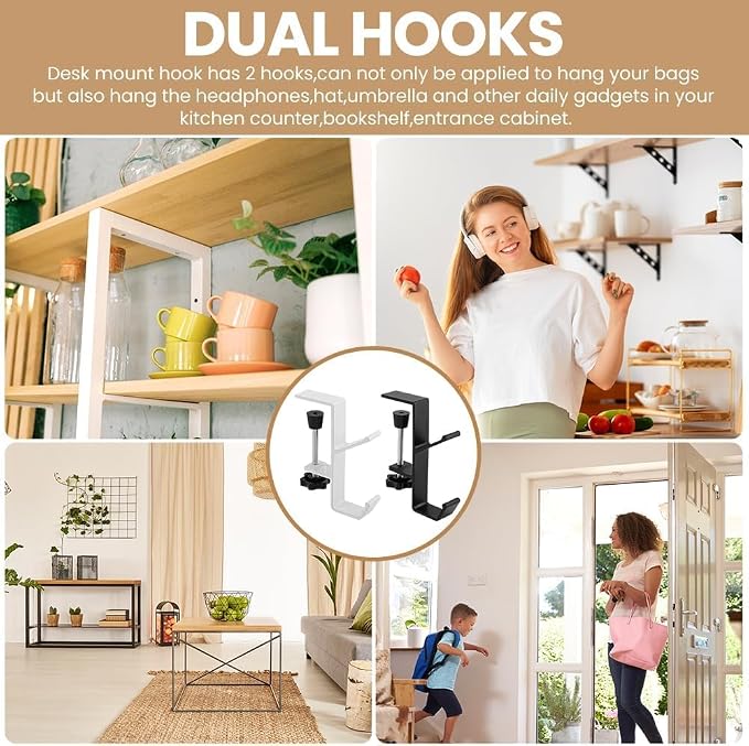 YUANQIAN Clamp-On Under Desk Headphone Holder Backpack Hook Students' Desk Hook with Adjustable Arm Clamp Women's Bag Handbag and Purse Holder -Suitable for Plate Between 1-5cm (3Pack Black, 3) - Image 7