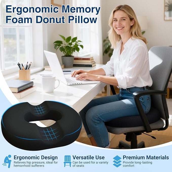 Donut Pillow Seat Cushion, Office Chair Cushion, Black, Large | Ergonomic Design, Breathable Cover, for Tailbone Pain, Hemorrhoids & Long Sitting Hours, for Home & Office - Image 8