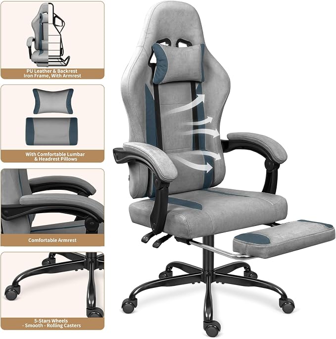 Breathable Fabric Gaming Chair with Footrest - Light Grey/Blue | 90°-135° Recline, 18.5”-22.4” Height Adjust, Breathable Fabric, Footrest for Rest, for Gaming/Office, 15 Min Assembly - Image 4