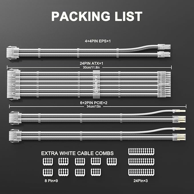 Sirlyr PSU Cable Extension,Customed Pre-Bend PC Power Supply Cable,1x 24 Pin ATX / 1x 8 (4+4) Pin EPS/Longer 2X 8 (6+2) Gold-Plated Pin Pcie,Nylon Sleeved Black White,4 Kits - Image 8