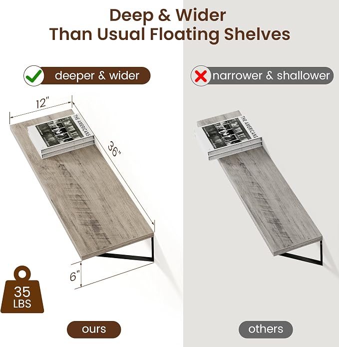 Axeman 12 Inch Deep Floating Shelves for Wall - 36 Inch Wide x 12 Inch Deep Wall Shelves Set of 2 - Rustic Grey Wood Floating Shelves for Living Room - Image 3
