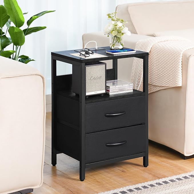 Yoobure Nightstand with Charging Station, Small Night Stand with Fabric Drawers and Storage Shelf for Bedrooms, Nightstands for Small Spaces, Bedside Table with USB Ports & Outlets Bed Side Table - Image 2