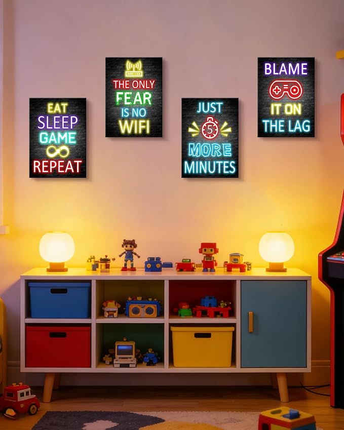KUVIOKE Video Gamer Room Decor for Teen Boys Gaming Wall Art Gamer Neon Sign Teenage Bedroom Decor Ready to Hang Set of 4, 12x16in (Framed) - Image 4