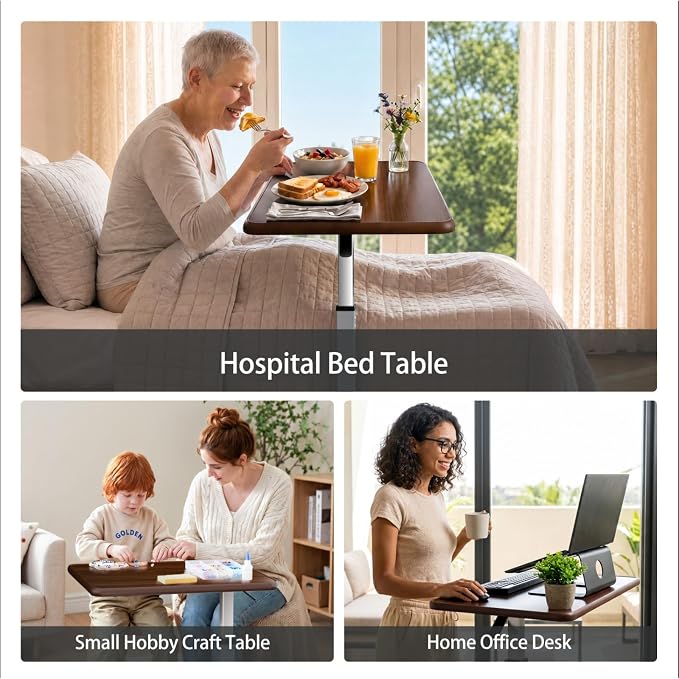WOTURE Pneumatic Adjustable Overbed Bedside Table with Wheels - Hospital & Home Use, Medical Bed Table, Mobile Standing Desk, Rolling Laptop Cart, Non Tilt Surface(23.6" L x 15.7" W, Walnut) - Image 7