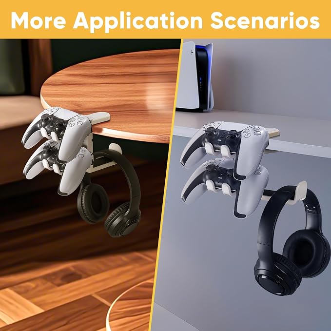 3-in-1 Under Desk Headphone Hanger with Adjustable Clamp Mount, 2 Controller Slots & 1 Headset Universal Holder Stand, Rotatable Hook Rack & Cable Organizer, for Home Gaming Xbox ps5 - White - Image 5