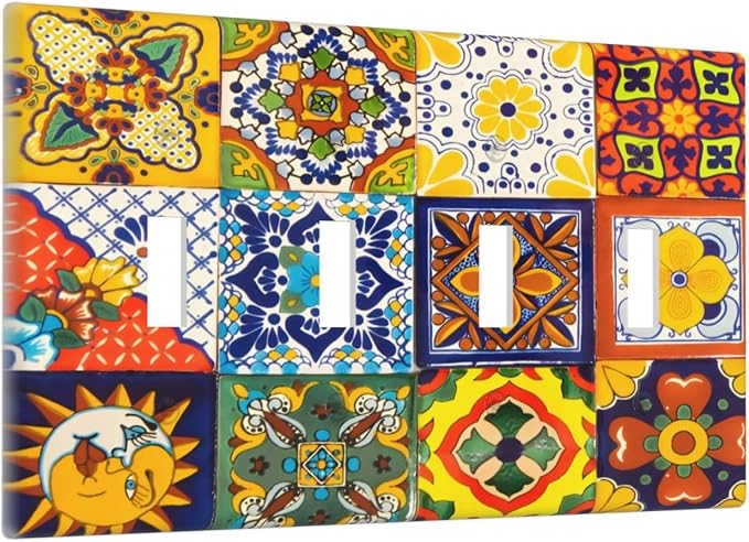 Decorative Switch Plate Covers Vintage Traditional Colorful Mexican Talavera Tiles Style 4 Gang Light Switch Cover Plate Quad Toggle Wall Plate 4 Hole Electrical Switchplatedimmer Faceplate - Image 2