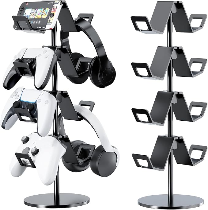 Controller Holder 4 Tier,Headphone Stand for Xbox PS5 PS4 | Classical "W" shape,Adjustable,Gamepads and headset storage,For Gamer,Black,Stable,Gaming gift by Karanava