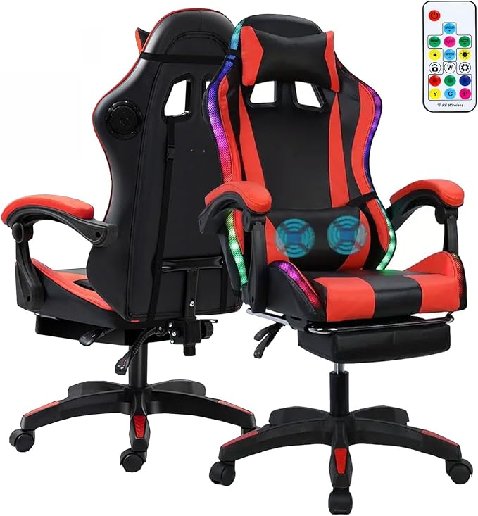 Gaming Chair with Bluetooth Speakers & Lights,Ergonomic High-Back Office Chair with Headrest & 135° Recline, 360° Swivel Height Adjustable Faux Leather Computer Chair for Gaming, Office & Study by Tacarlha