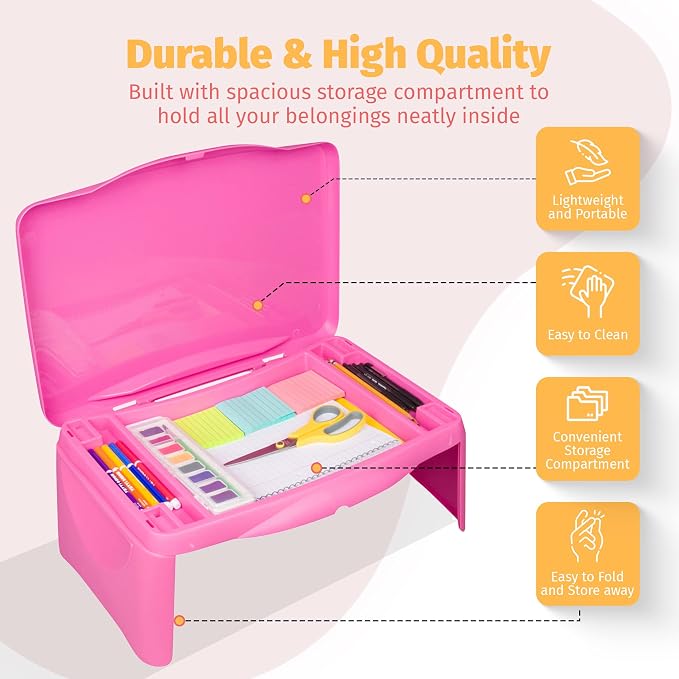 Pink Folding Lap Desk - Foldable Table for Work, Study, Gaming, Arts, Crafts, School - Collapsible Laptop Tray with Storage Compartment - Portable Writing Station for Kids, Adults - Image 2