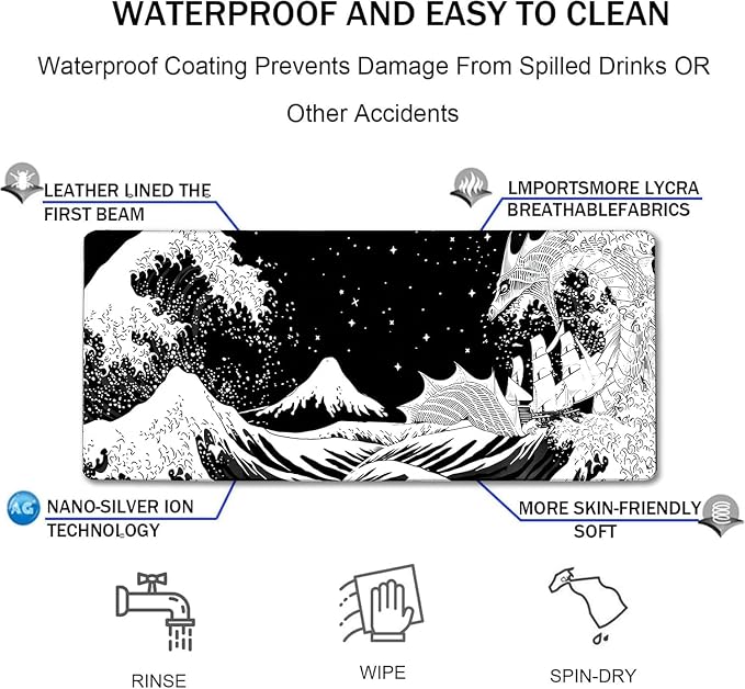 Large Gaming Mouse Pad, Waterproof Extra Large Big Mouse Pad with Stitched Edge, XXXL Non-Slip Black Computer Long Mousepad for Gamer, Office & Home, Black White Dragon - Image 4
