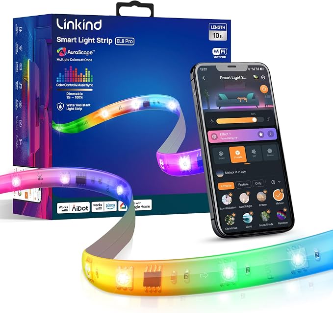 Linkind 10ft Smart LED Strip Lights - AuraScape Segmented Color Changing WiFi Light Strip - Compatible with Alexa & Google Home - DIY Dynamic Lighting for Bedroom, Living Room, Gaming Setup & Kitchen by Linkind