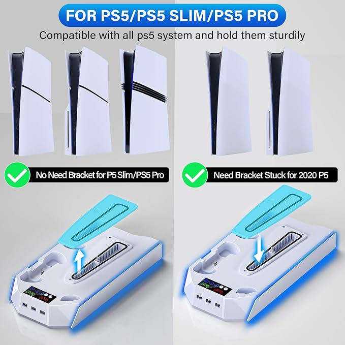 Slim Cooling Station Stand LED with Dual Controller Charging Station for PlayStation 5 Console, PS 5 Accessories Incl. Controller Charger, Cooling Fan, Headset Holder, 3 USB Hub- LED White - Image 2