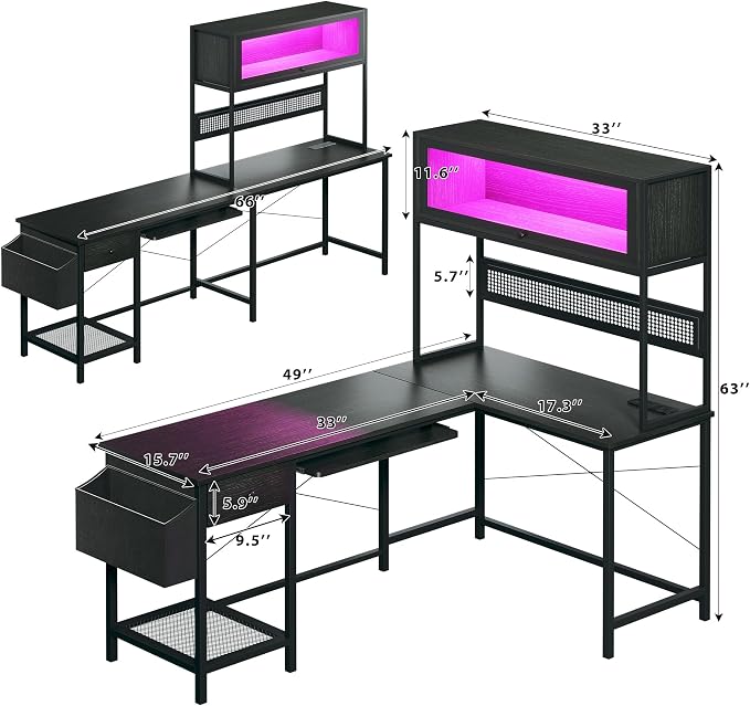 L Shaped Gaming Desk with Power Outlets & LED Lights, 49'' Reversible Computer Desk with Hutch & Pegboard & Display Cabinet, Corner Home Office Desk with Drawer & Keyboard Tray & Storage Bag, Black - Image 3