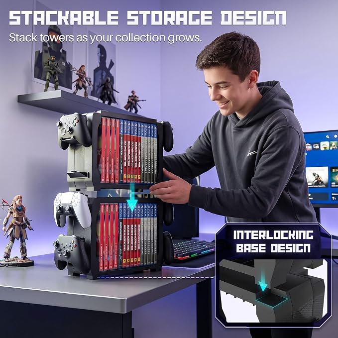 TNP Video Game Storage Tower for PS5, 15 Game Cases, 4 Controllers, Black - Image 5