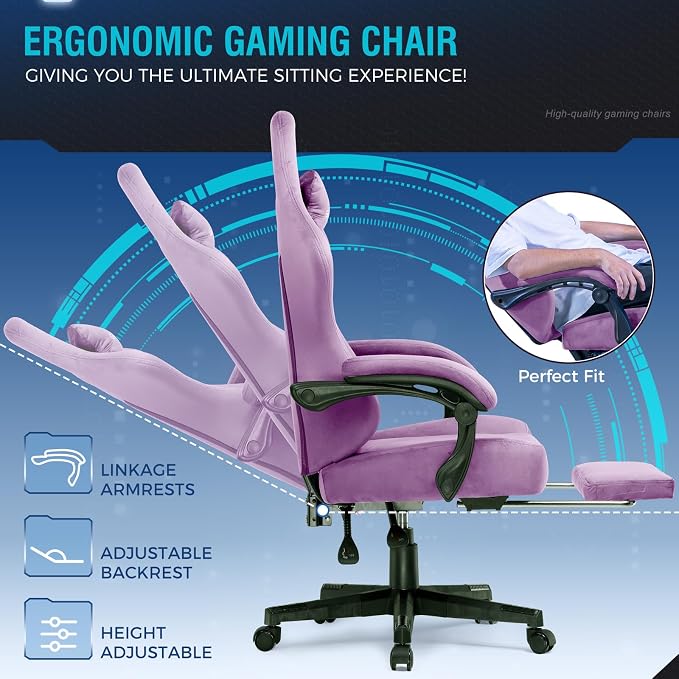 GTPLAYER Gaming Chair Fabric with Pocket Spring Cushion, High Back Ergonomic Computer Chair with Footrest for Adults Lumbar Support Swivel Game Chair for Office Gaming 350LBS, Light Purple - Image 8
