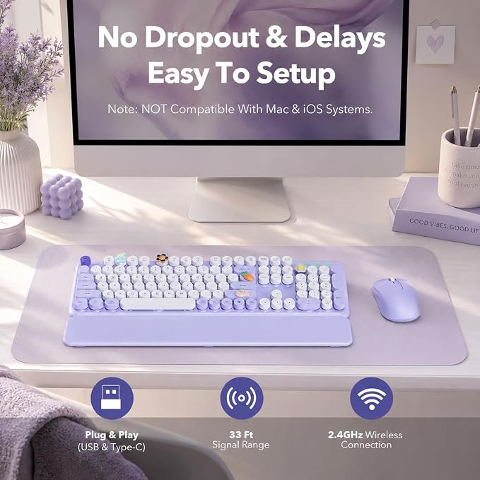 Wireless Keyboard and Mouse, Round Keycaps, Magnetic Wrist Rest, Purple - Image 6