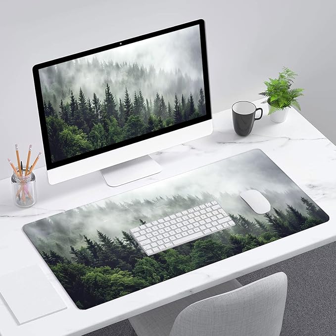 Misty Forest Gaming Mouse Pad Desk Pad Nature Fir Tree Woodland Large Gaming Mouse Mat with Stitched Edges,Non-Slip Waterproof Rubber Base Mous Mat Office Computer Keyboard Laptop Home 31.5"x11.8" - Image 3
