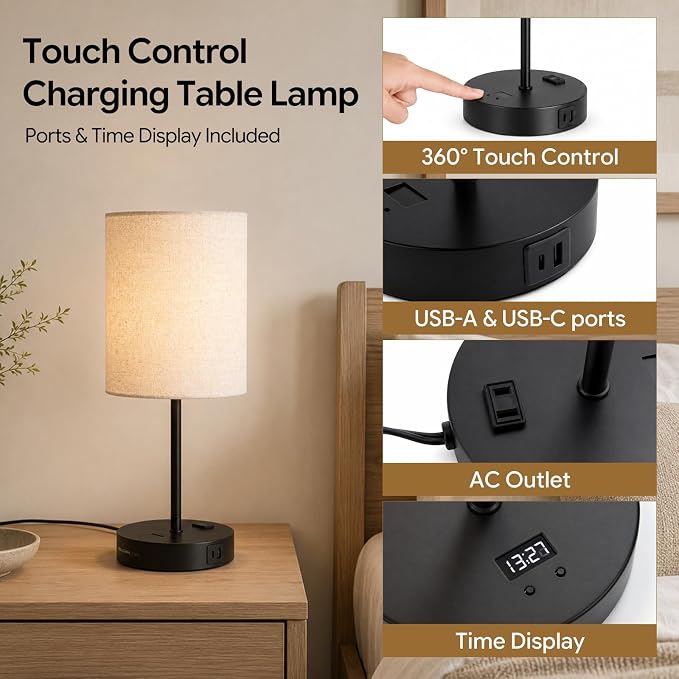 BySea Dimmable Desk Lamp with Clock, Remote, USB Ports, AC Outlet, Nickel - Image 6