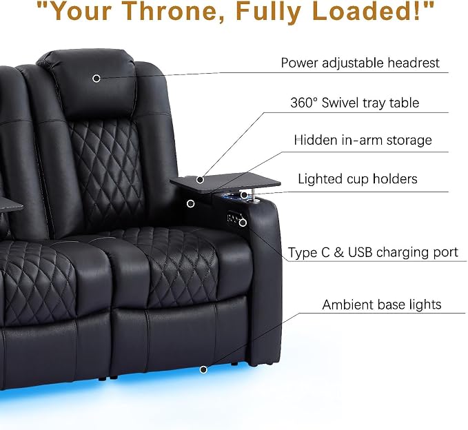 comfiroom Top-Grain Leather Home Theater Seating, Dual-Motor Power Recliner - Image 5