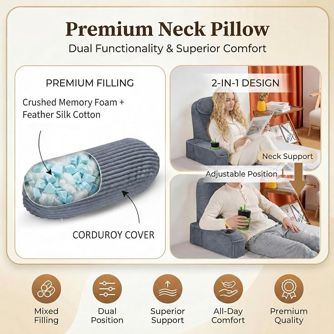 Reading Pillow for Adults, Back Pillow for Bed Sitting Up, Backrest Pillow for Sitting in Bed, Detachable Arms with Built-in Cup & Phone Caddy (Dark Gray-Corduroy, 19 INCH) - Image 3