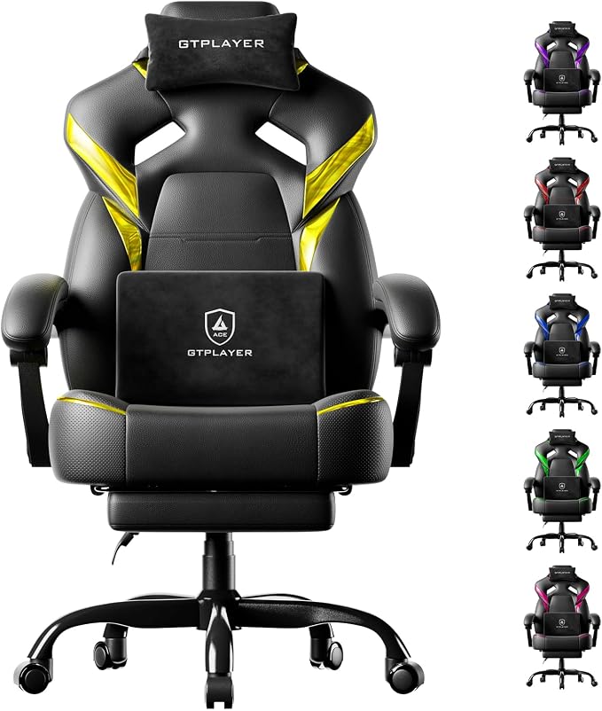 GTPLAYER Big and Tall Gaming Chair for Adults, Ergonomic Office Chair with Footrest, Heavy Duty 350 lbs Capacity, High Back, Premium Leather & Iridescent Trim, ACE-Armor, Yellow (Iridescent) by GTPLAYER