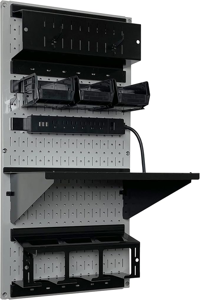 Wall Control Power Tool Storage Organizer Kit Cordless Drill Holder Charging Station Rack 16” x 32” Metal Pegboard Organization System (Grey Pegboard) - Image 2